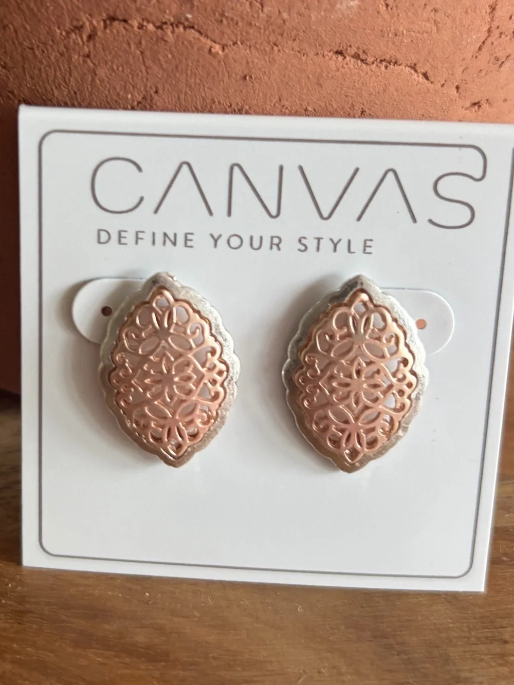Canvas Rose Gold & Silver Filigree Statement Stud Earrings NWT
